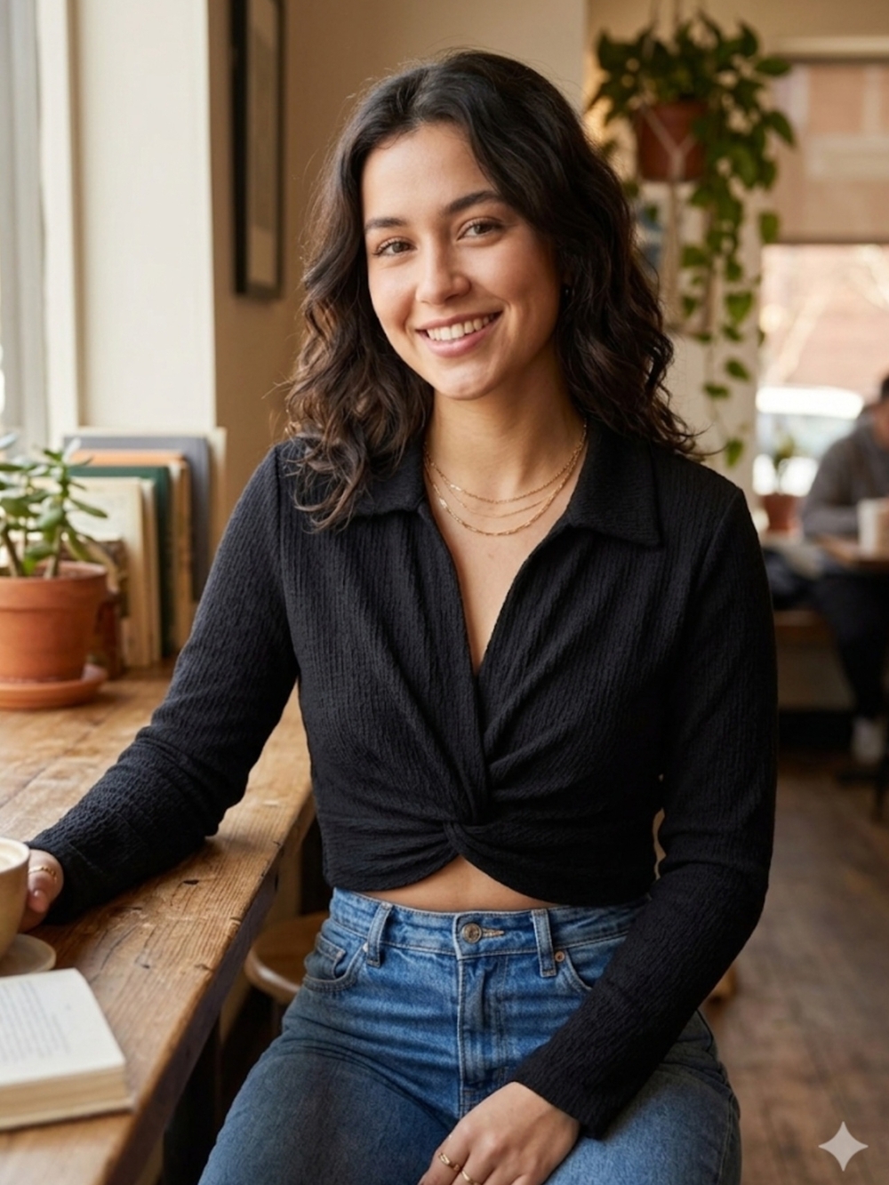 89th & Madison Black Twist-Knot Collared Crop Top